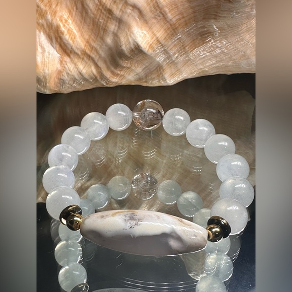 MOONSTONE + DENDRITIC AGATE + PHANTOM NATURAL BRACELET SIZE 7” - Picture 4 of 15